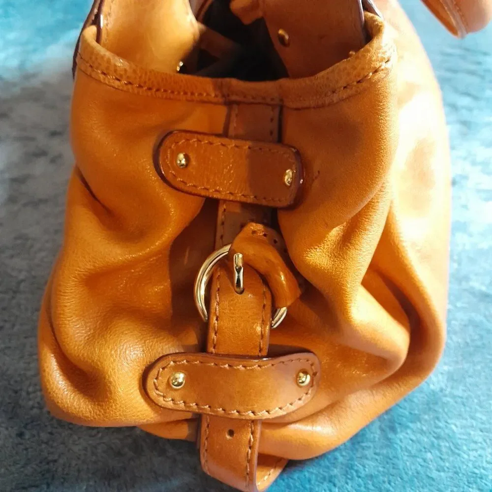 Antonio Melani Tan Leather Satchel Handbag with Gold Hardware Width 12in.